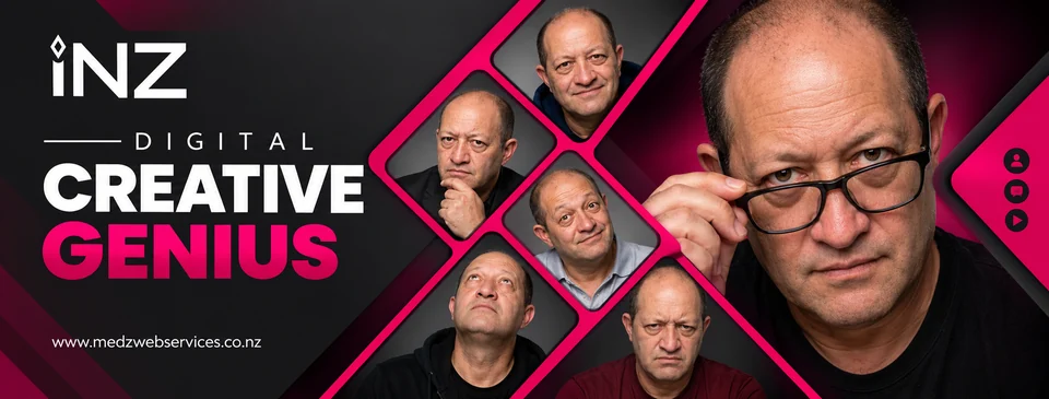 iNZ Digital Creative Genius promotional banner with Robert Perham portraits arranged in magenta geometric frames