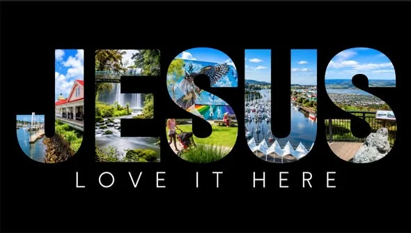 JESUS Love It Here promotional banner featuring Northland coastal, town and outdoor photographs inside large lettering