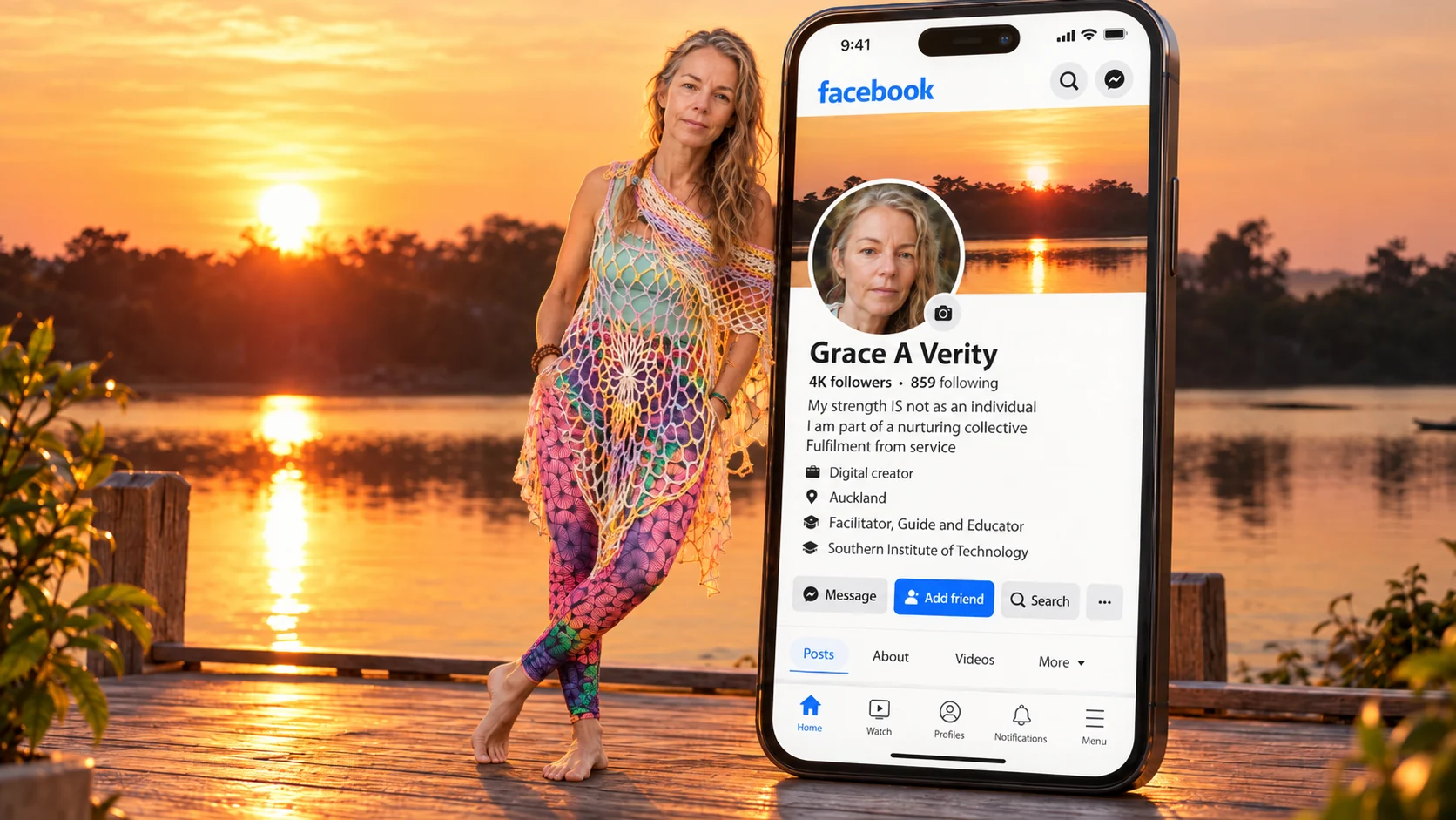 Bohemian sunset lakeside Facebook profile concept with a warm sunset and profile mock-up